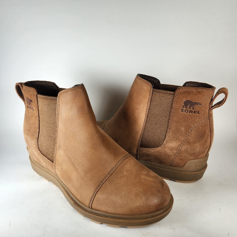 SOREL Women's Evie II Wedge Chelsea Boot Size 8 Brown Leather Shoe